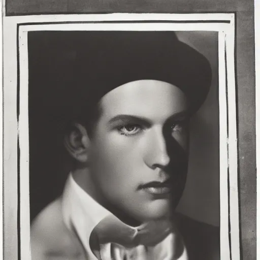 Image similar to a black and white photo of a man wearing a hat, a character portrait by george hurrell, featured on flickr, mannerism, studio portrait, chiaroscuro, 1 9 2 0 s