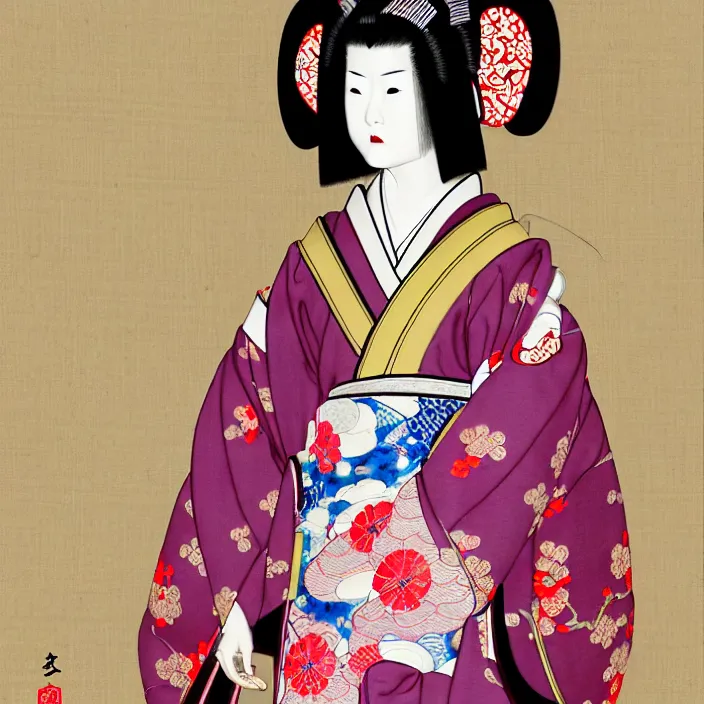 Image similar to ceramic cyborg geisha, kimono with Kakiemon design with plums and stylized flowers in glaze and gilding Edo period 1670–1690, diffuse lighting, fantasy, intricate, elegant, highly detailed, lifelike, photorealistic, digital painting, artstation, illustration, concept art, smooth, sharp focus, art by John Collier and Albert Aublet and Krenz Cushart and Artem Demura and Alphonse Mucha