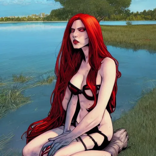 Image similar to a beautiful comic book illustration of a vampire woman with long red hair sitting near a lake by Jerome Opeña, featured on artstation