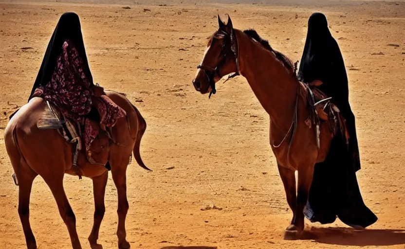 Prompt: beautiful burqa's woman, ride horse in saharan, sharp eyes, handling riffle on chest, shooting pose, perfect posture, dust, cinematic, dynamic pose, pinterest