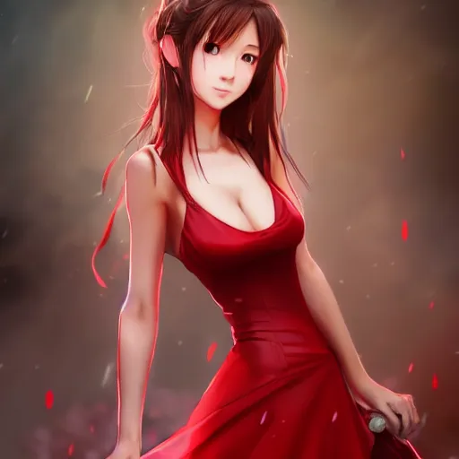 Image similar to red dress of aerith gainsborough by WLOP, rossdraws, Logan Cure, Mingchen Shen, BangkuART, sakimichan, yan gisuka, JeonSeok Lee, zeronis, Chengwei Pan on artstation