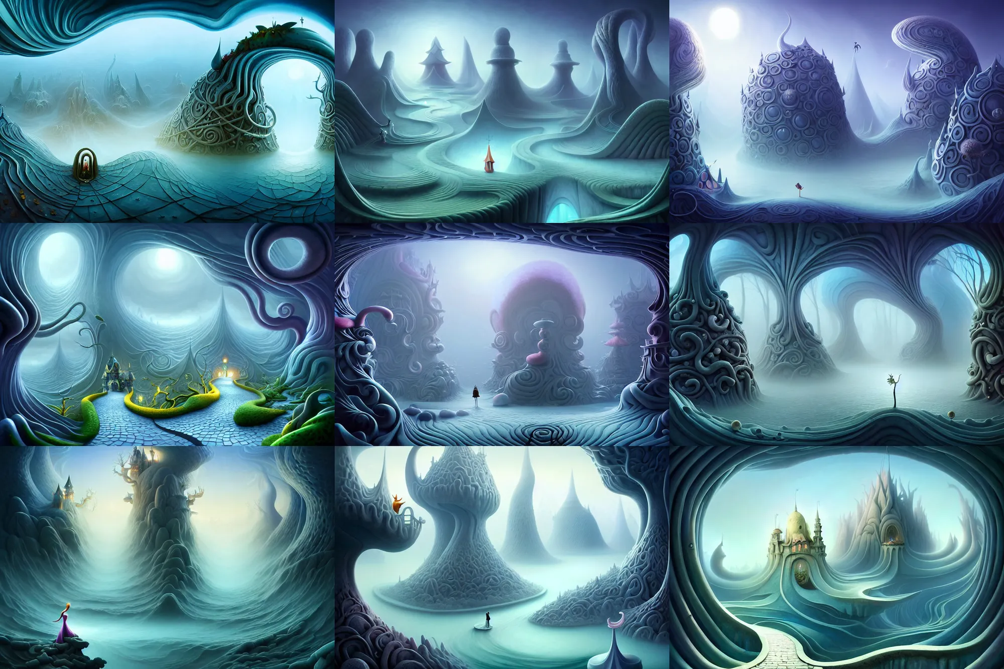 Prompt: an epic elite mysterious whimsical masterpiece fantasy matte painting of a winding path through arctic dream worlds with surreal architecture designed by heironymous bosch, structures inspired by heironymous bosch's garden of earthly delights, surreal ice interiors by cyril rolando and asher durand and natalie shau and cyril rolando, insanely detailed and intricate, complex, elegant, award winning