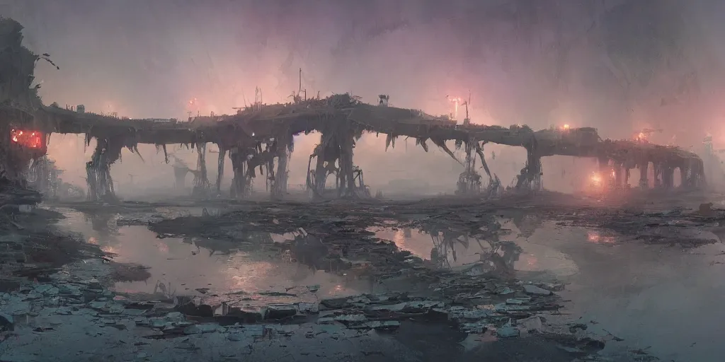 Image similar to concept art of a ruined bridge crossing a polluted lake filled with shipwrecks, grimy, gritty, blade runner 2 0 4 9, trending on artstation, award winning painting, cgi, art by john berkey and anton fadeev and john howe and simon stalenhag