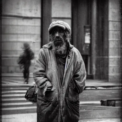 Image similar to portrait of a homeless man in New York city, matte paint, sharpen, raining