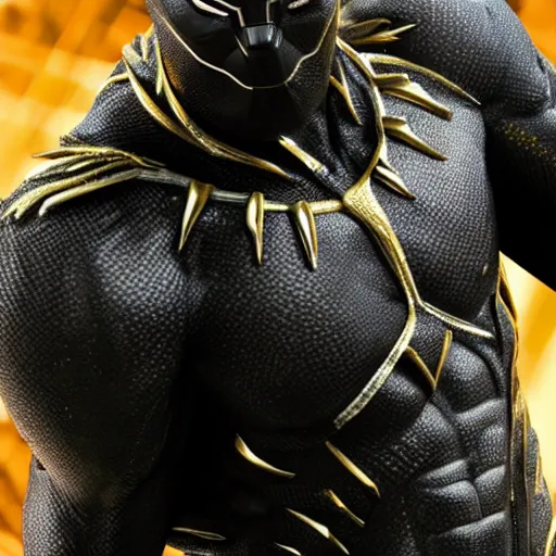 Image similar to a close up shot of a golden statue of black panther, detailed, 8K, epic,