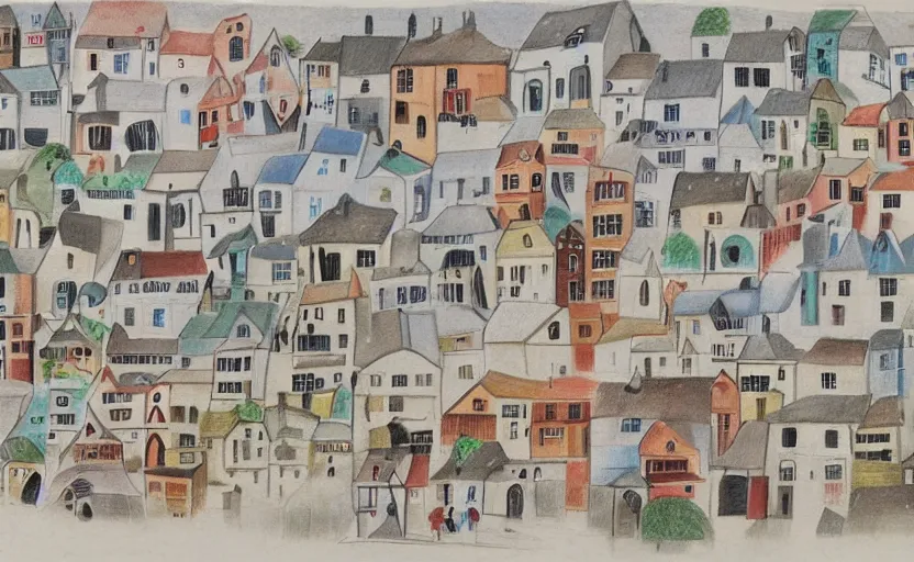 Image similar to village, houses with faces, discreet colour palette, naive, photorealistic drawing