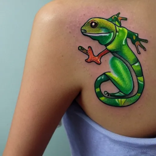 Image similar to cartoon tattoo of cute light green gecko on shoulder with light shading in the background