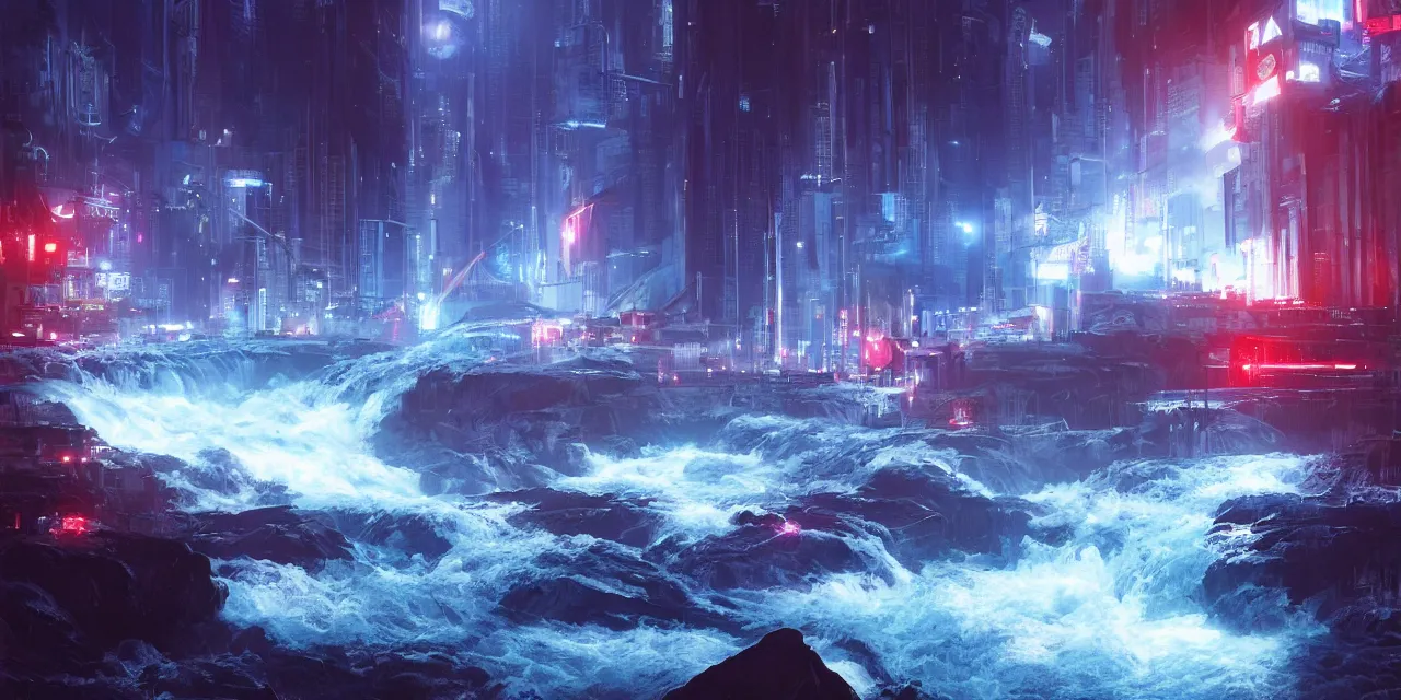 Image similar to turbulent river rapids rushing through a futuristic city at night , volumetric lighting, blue and red glowing lights, 4k, octane, digital painting, artstation, concept art, sharp focus, illustration, high contrast, high saturation , cinematic film still, by artgerm and greg rutkowski