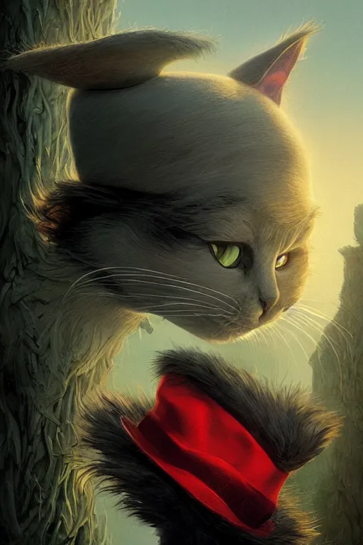 Image similar to complex 3 d render, hyper detailed, ultra sharp, of the cat in the hat, scary, cinematic, natural soft light, rim light, art by greg rutkowski and artgerm and beksinski, dr seuss