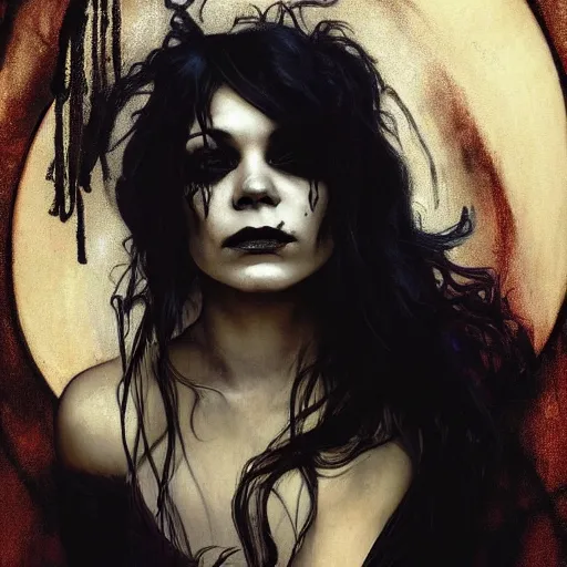 Image similar to beautiful portrait of vanessa hudgens as death from sandman, smiling, by cedric peyravernay, alphonse mucha, by jeremy mann, by lecouffe deharme, goth chic, soft lightning, eyeliner, punk rock, high detailed, 8 k