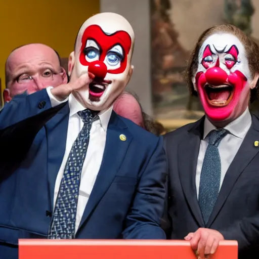 Image similar to a president with clown face taking a selfie in a podium next to an angry first minister