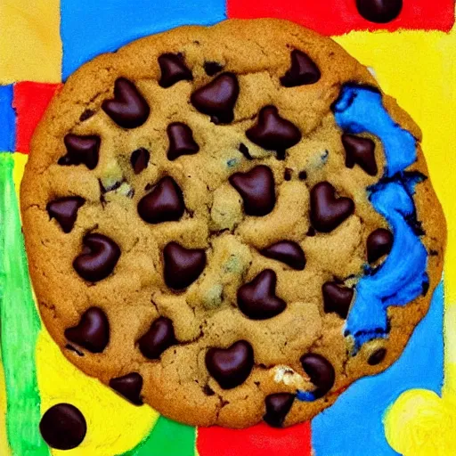 Prompt: a chocolate chip cookie painted by picasso, primary colors