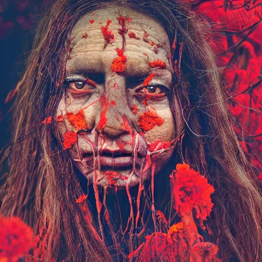 Prompt: 3 5 mm coloured film portrait of strange female aghori sadhu covered in ash creature, hyperrealism, celestial marigold red flowers vibe, photorealistic, detailed, atmospheric, 8 k, award winning photography, cinematic