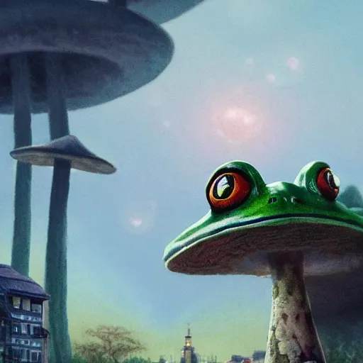 Image similar to A close up portrait of a scary godlike anthropomorphic frog smoking an anime cigarette , magic mushroom village in background . award winning. superb resolution. in the art style of junji Ito and greg rutkowski . Detailed Mushroom city in background. Hyper realistic anime. Perfect art. Dalle2