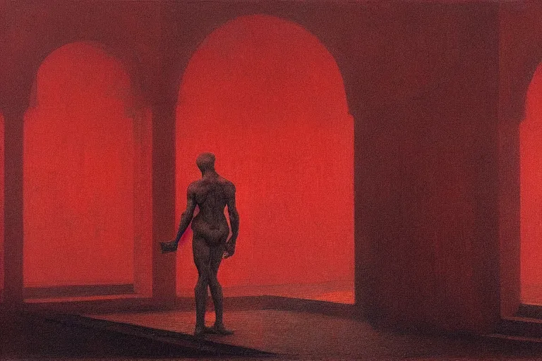 Image similar to only with red, caesar after win war, the deal, a red tiger, in hoc signo vinces, rome in background, an ancient path, in the style of beksinski, part by hopper, part by rodcenko, part by hofbauer, intricate composition, red by caravaggio, insanely quality, highly detailed, masterpiece, red light, artstation