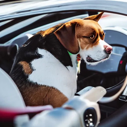 Prompt: a dog driving a race car