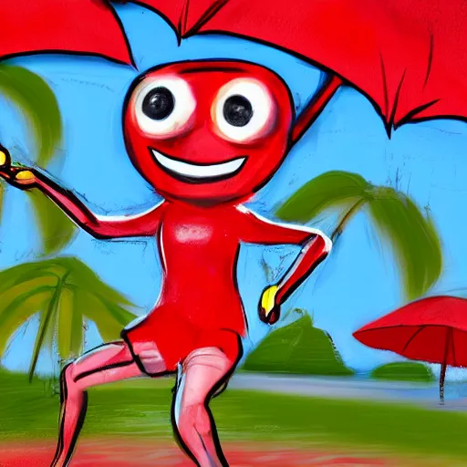 Image similar to banana wearing red shorts dancing in the rain, hyper detailed, photo realistic