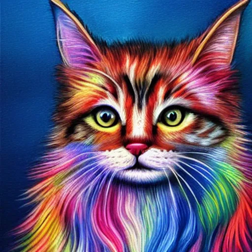 Prompt: luminescent colorful detailed airbrush painting of long haired cat