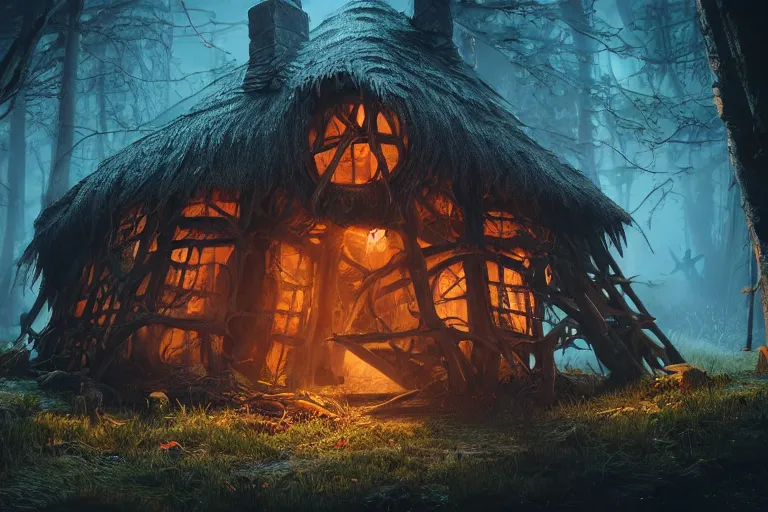 Prompt: witch hut, hyper realistic, ambient lighting, concept art, intricate, hyper detailed, smooth, dynamic volumetric lighting, octane, raytrace, cinematic, high quality, high resolution, 4 k, cgsociety, rutkowski, gurney