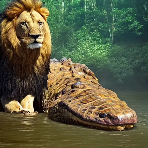 Image similar to found footage of a giant crocodile and a lion from a murky lake, high temperature, cinematic lighting, focused eyes, apex predator standoff