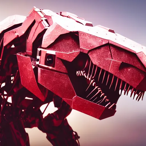 Prompt: still of a cyborg T-Rex, red eyes, robotic extended arms, 4k, film grain