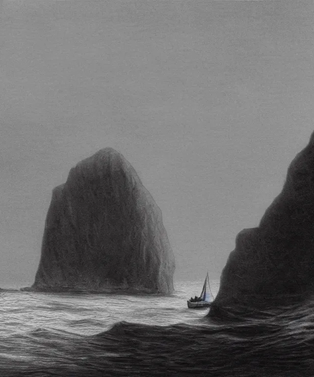 Image similar to photorealistic sepia painting of a 1 9 2 5 bay boat sailing near a jamaican cliff with the mouth of a sea cave at the waterline, dark, brooding, atmospheric, lovecraft, horror, smooth, epic, highly detailed, cinematic