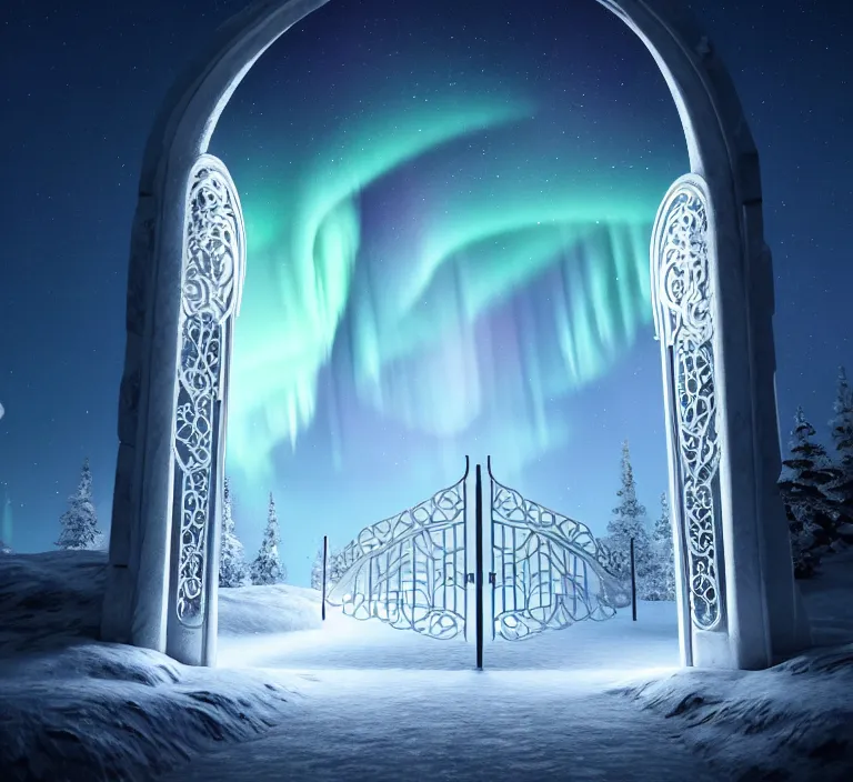 Image similar to a very detailed concept art of intricate and scandinavian white gates to aurora borealis, trending on artstation, symmetry, digital art, 4 k, hyper realistic, octane render, sharp focus