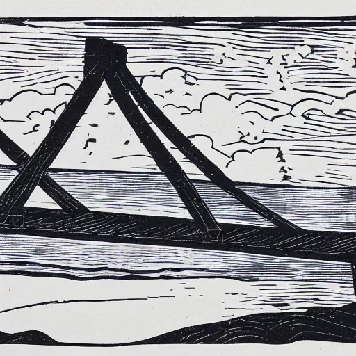 Image similar to small steel suspension bridge built in 1 9 2 8, side view, puffy clouds in background, woodcut style, 8 k