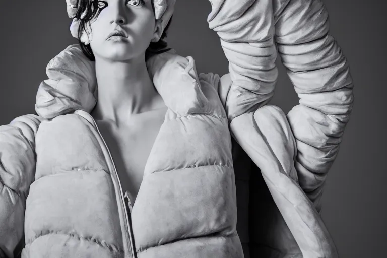 Image similar to well lit fashion shoot portrait of extremely beautiful female marble statue wearing huge over size puffer jacket by dingyun zhang, yeezy, balenciaga, vetements, a cold wall, sharp focus, clear, detailed,, cinematic, detailed, off white, glamourous, symmetrical, vogue, editorial, fashion, magazine shoot, glossy