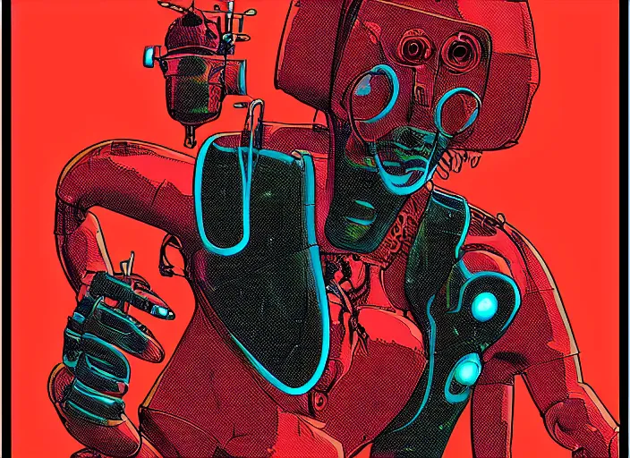 Image similar to martian citizen cyborg with surreal outfit by moebius, vector art, cyberpunk, red flat poster texture