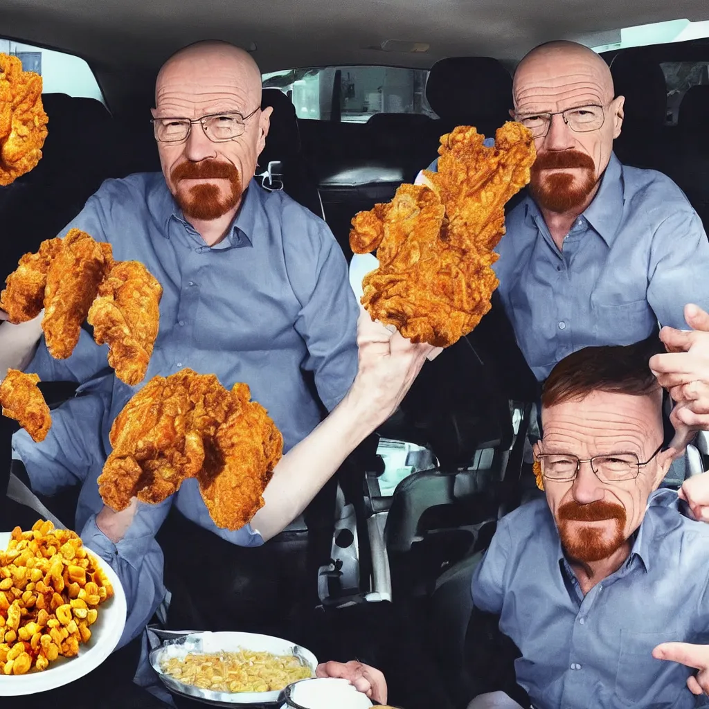 Image similar to photo of walter white sitting in a car, surprised soyjak face, surrounded by fried chicken, mukbang video, youtube video, soyface!!!, hd