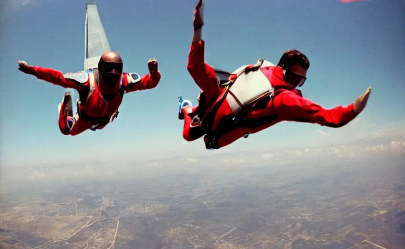 Image similar to color photo of skydiver jumping in a suite. plane in the background 8 0'style