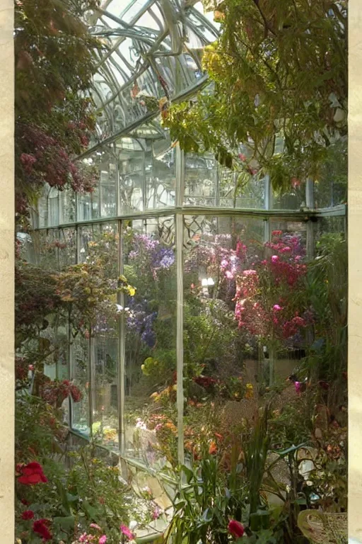 Image similar to a beautifull intricate greenhouse with many flowers, reflexions, verry high details by william turner art, greg rutkowski and alphonse mucha, trending on artstation, very very detailed, masterpiece,