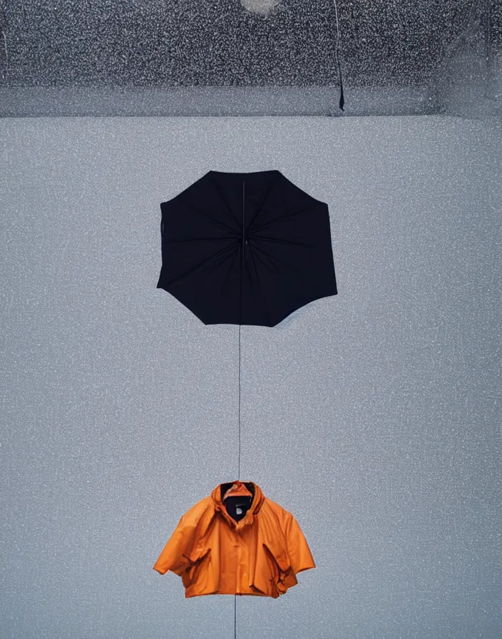 Image similar to close - up portrait of an empty slick fashionable zara raincoat floating suspended mid - air on a glittering wet rainy display designed by james turrell, wes anderson, lily frank, symmetry, rule of thirds