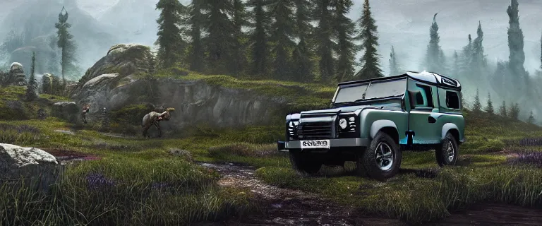 Prompt: Land Rover Defender 110 (1985), The Elder Scrolls V: Skyrim, Riften, The Rift, an epic fantasy, living flora, spriggans, humanoid flora, green floral energy flowing, dramatic lighting, cinematic, establishing shot, extremely high detail, photorealistic, cinematic lighting, artstation, by simon stalenhag