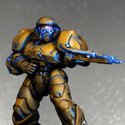 Image similar to starcraft 2 marine, tychus findlay statue, sharpen, focus, detailed, studio lighting