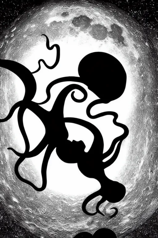 Image similar to the background is a huge moon. in the night environment, a man jumps into the air with a woman in his arms. in the middle of the moon are two figures in black silhouettes. at the bottom of the picture are some dancing octopus tentacles