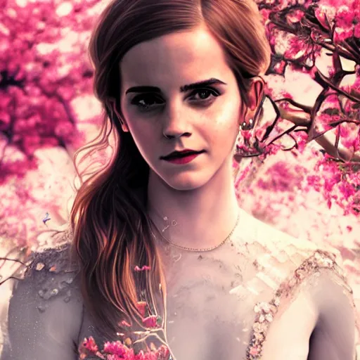 Image similar to emma watson expressive full body photo, of beautiful angel, smooth glowing skin, ornate headpiece made from pink flowers, glamour shot, by yoshitaka amano, by greg rutkowski, by jeremyg lipkinng, by artgerm, digital art, octane render