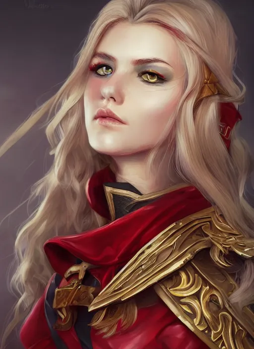 Image similar to a highly detailed illustration of beautiful long dirty blonde haired pale girl wearing red epaulette uniform, red eyes, dramatic seductive pose, intricate, elegant, highly detailed, centered, digital painting, artstation, concept art, smooth, sharp focus, league of legends concept art, WLOP