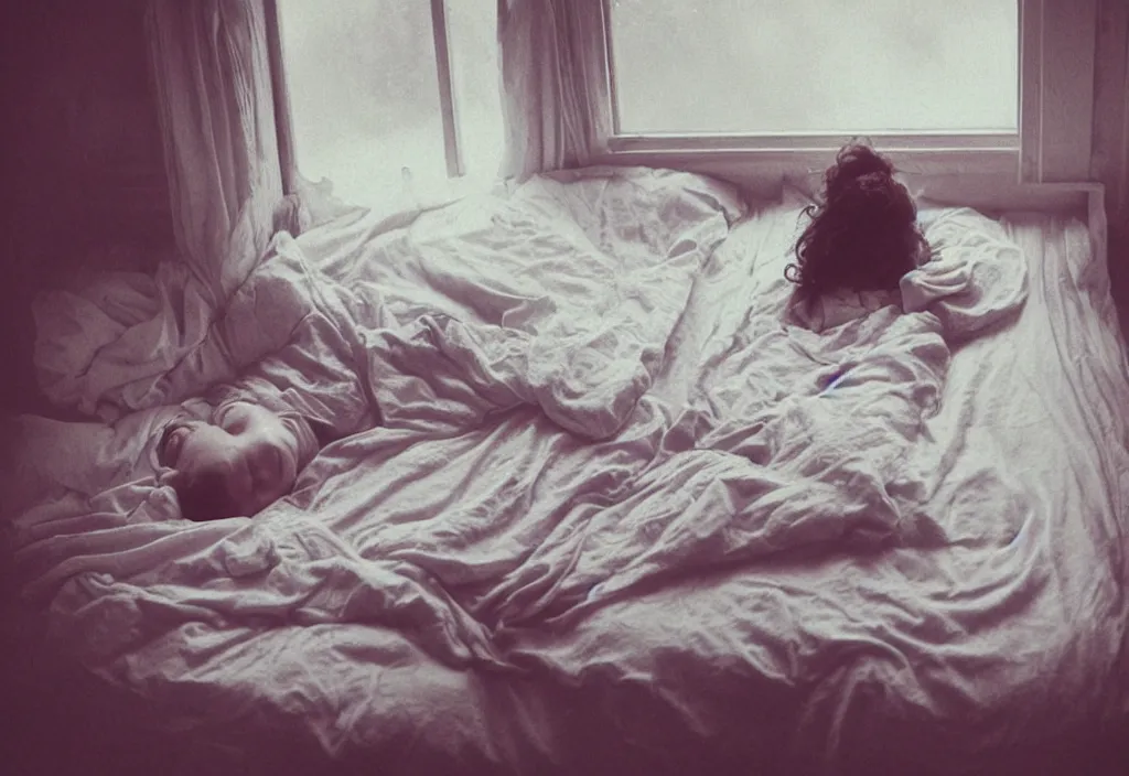 Prompt: Girl sleeping the bed by the window in pajama, early morning, high Ange view, Cottage core, Cinematic focus, atmospheric lighting, Polaroid photo, bleached, vintage, pastel colors, High-key lighting, soft lights, cozy, foggy, by Steve Hanks, by lisa yuskavage, by Serov Valentin, by Krenz Cushart, by Andrei Tarkovsky, 8k render, octane render, fine details, detailed, oil on canvas