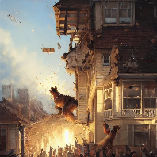 Prompt: a highly detailed oil painting of a giant dog smashing houses, bystanders watching from the sides, 4 k, by greg rutkowski, artstation,