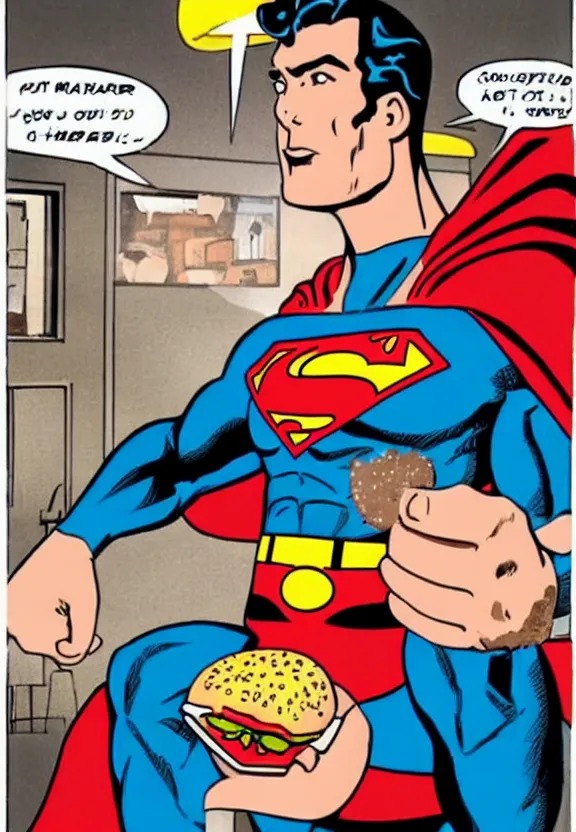 Prompt: superman eating a hamburger in his fortress of solitude