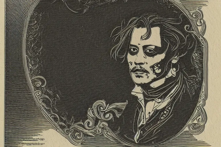 Prompt: An engraved portrait of Johnny Depp , detailed!!! copper-plate engraving in the style of money bills, fine!!! lines, engraved by Alfred Sealey, Bureau of Engraving and Printing