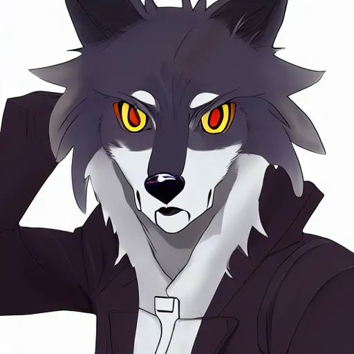 Image similar to key anime visual portrait of an anthropomorphic anthro wolf fursona, in a jacket, with handsome eyes, official modern anime art