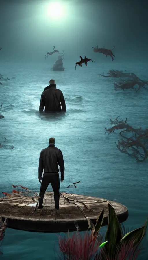 Image similar to man on boat crossing a body of water in hell with creatures in the water, sea of souls, with unreal engine