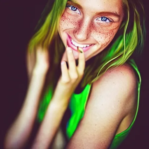 Image similar to a beautiful trending photo of over a ten million views from a beautiful freckled female fashion model's instagram account with her smiling and flashing her bright green eyes, she's is natural, easygoing and healthy, shot with nikon, leica, zeiss, 5 0 mm lens, flash fill, f 1. 8 depth of field, 8 k, professional!!!