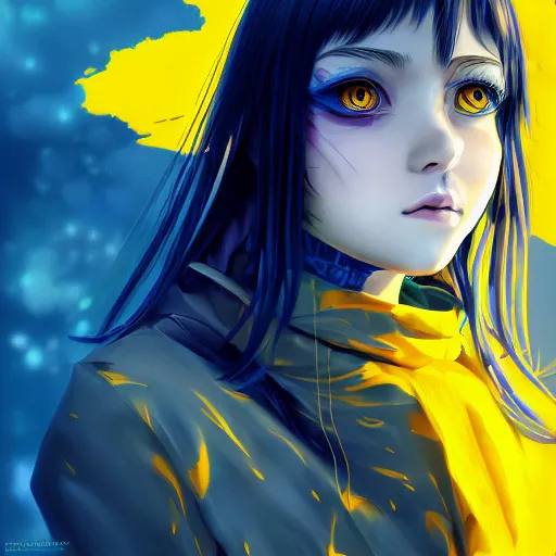 Image similar to a portrait of anime ukrainian blue and yellow girl, scared, concept art, trending on artstation, highly detailed, intricate, sharp focus, digital art, 8 k