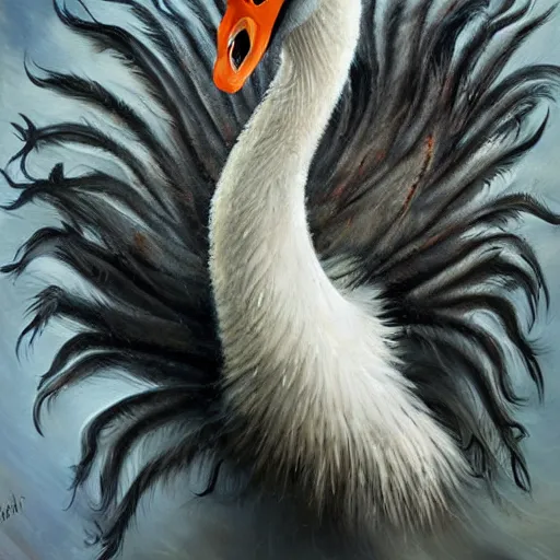 Image similar to hyperrealistic evil swan demon with long curly feathers, gritty horror oil painting, ultra detailed and disturbing