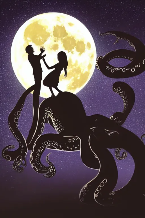 Image similar to the background is a huge moon. in the night environment, a man jumps into the air with a woman in his arms. in the middle of the moon are two figures in black silhouettes. at the bottom of the picture are some dancing octopus tentacles