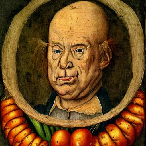 Prompt: very aged medieval painting of donald trump made of vegetables, by giuseppe arcimboldo